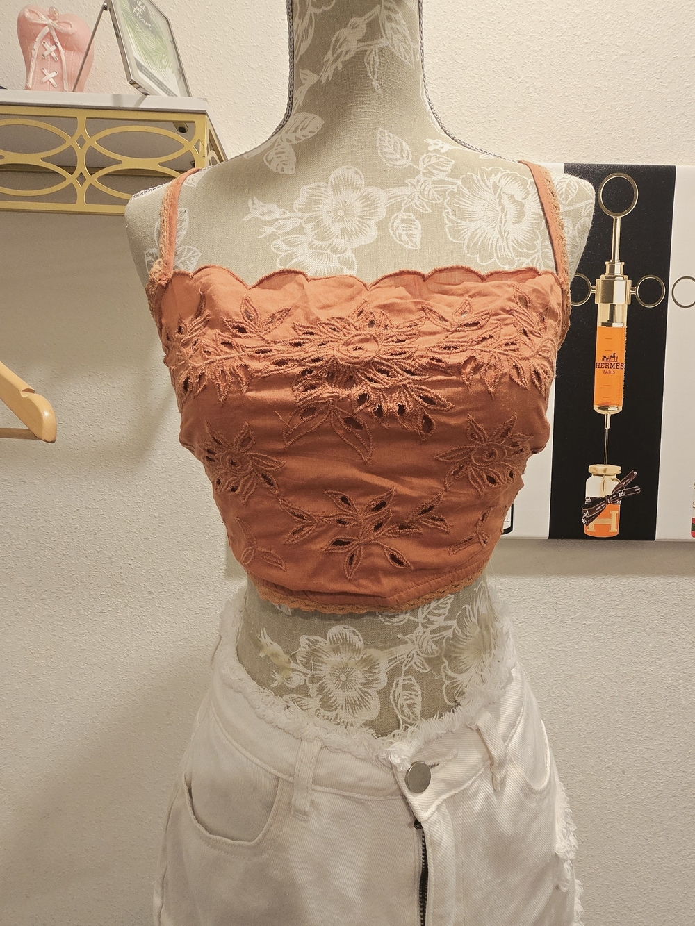 Free People M Embroidered Rust Crop Cami